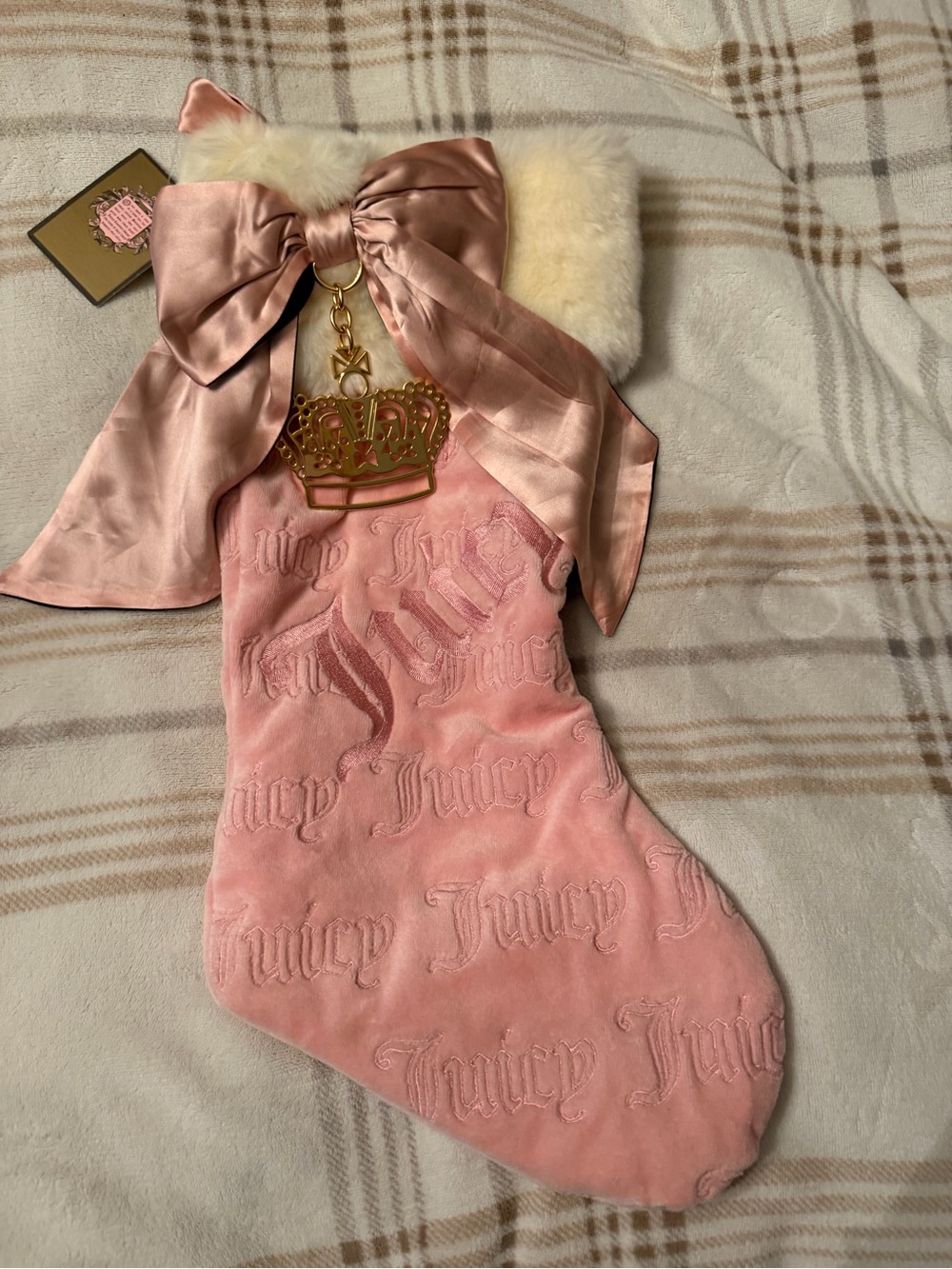 Juicy Couture Pink Velvet Holiday Stocking with Satin Bow & Crown Charm